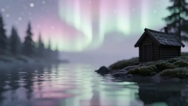 Cabin Northern Lights — snow, night, pastel wallpaper