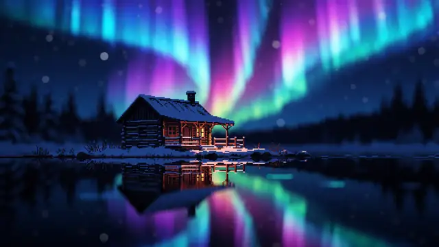 Cabin Neon Aurora Night — snow, night, neon wallpaper